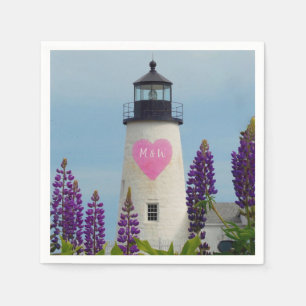Valentine Pink Watercolor Heart Initial Lighthouse Napkin