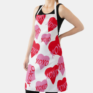 Valentine Pink XOXO Red Heart Pattern Modern White Apron
