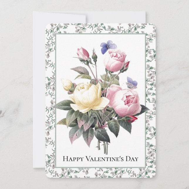Valentine Pink Yellow Roses Blue Butterfly Floral  Holiday Card (Front)