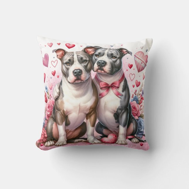 Valentine Pitbull Throw Pillow – Cute Dog Couple w (Front)