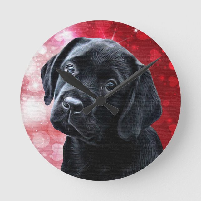 Valentine Puppy - Black Labrador - Lab Puppy Round Clock (Front)