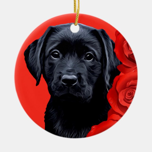 Valentine Puppy Roses - Labrador - Black Lab Ceramic Tree Decoration (Front)