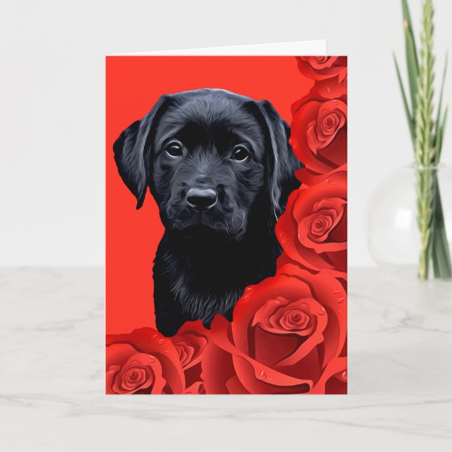 Valentine Puppy Roses - Labrador - Black Lab Holiday Card (Front)