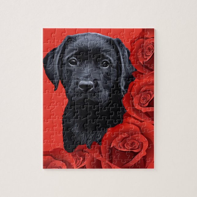 Valentine Puppy Roses - Labrador - Black Lab Jigsaw Puzzle (Vertical)