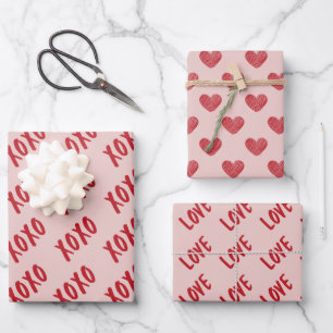 Valentine Red and Pink XOXO Love Pattern Wrapping Paper Sheet