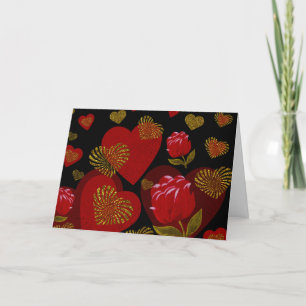 Valentine Red Gold heart red roses on black Holiday Card