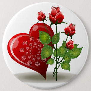 VALENTINE RED HEART AND RED ROSES 6 CM ROUND BADGE