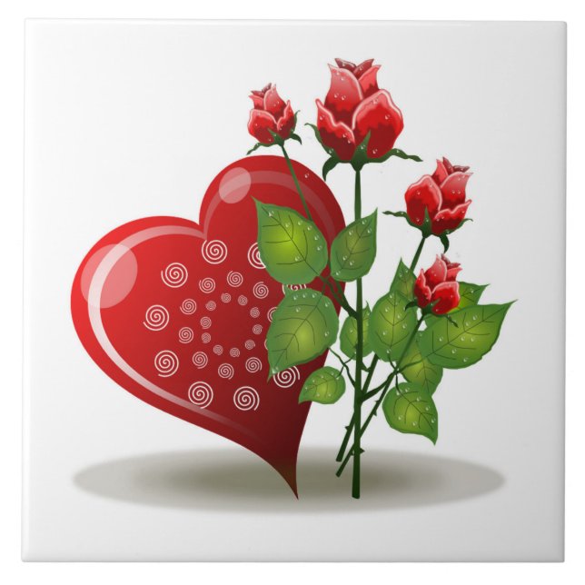 VALENTINE RED  HEART AND RED ROSES CERAMIC TILE (Front)