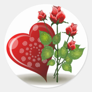 VALENTINE RED HEART AND RED ROSES CLASSIC ROUND STICKER