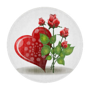 VALENTINE RED HEART AND RED ROSES CUTTING BOARD