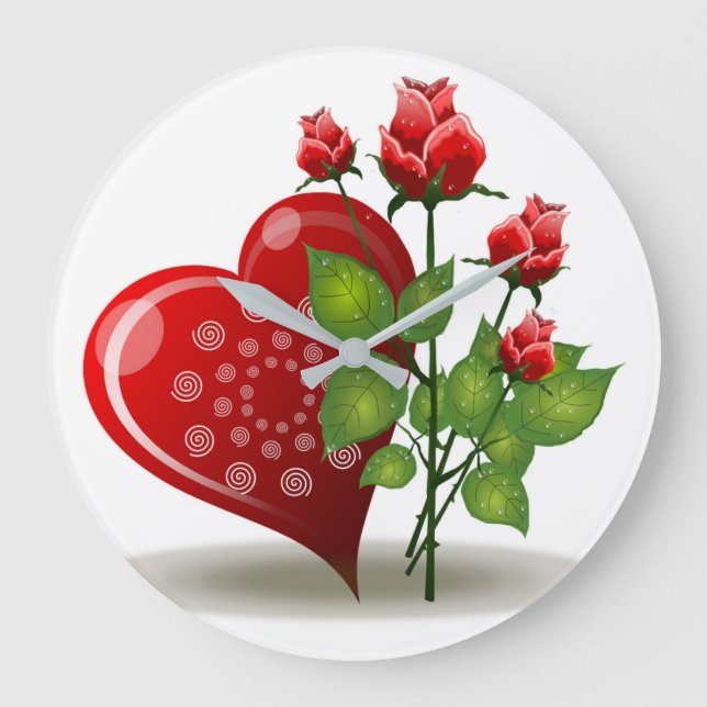VALENTINE RED  HEART AND RED ROSES LARGE CLOCK (Front)