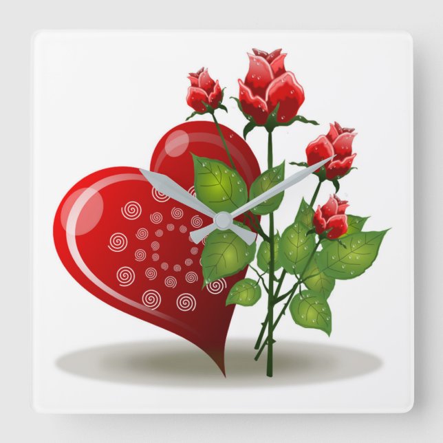 VALENTINE RED  HEART AND RED ROSES SQUARE WALL CLOCK (Front)