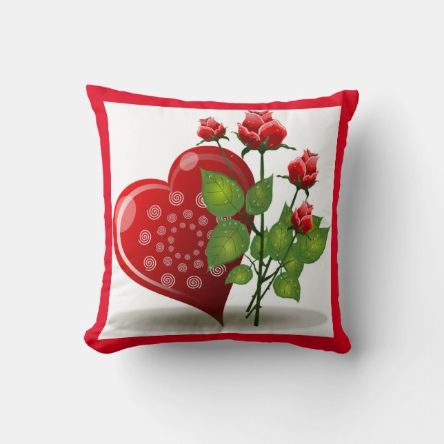 VALENTINE RED  HEART AND RED ROSES THROW PILLOW (Front)