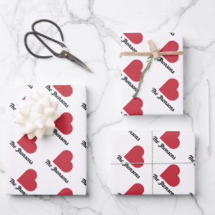 Valentine Red heart Family Name Wrapping Paper Sheet
