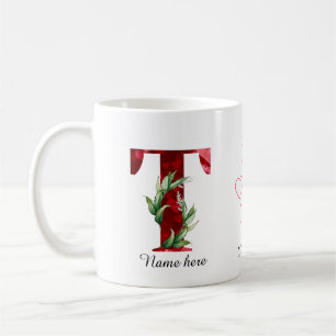 Valentine Red Heart Floral Letter T Initial Mug