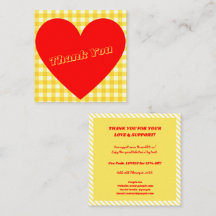 Valentine Red Heart Yellow Gingham Thank You Card 