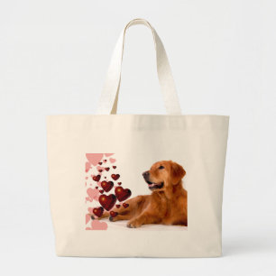 Valentine Red Hearts Golden Retriever Dog Large Tote Bag