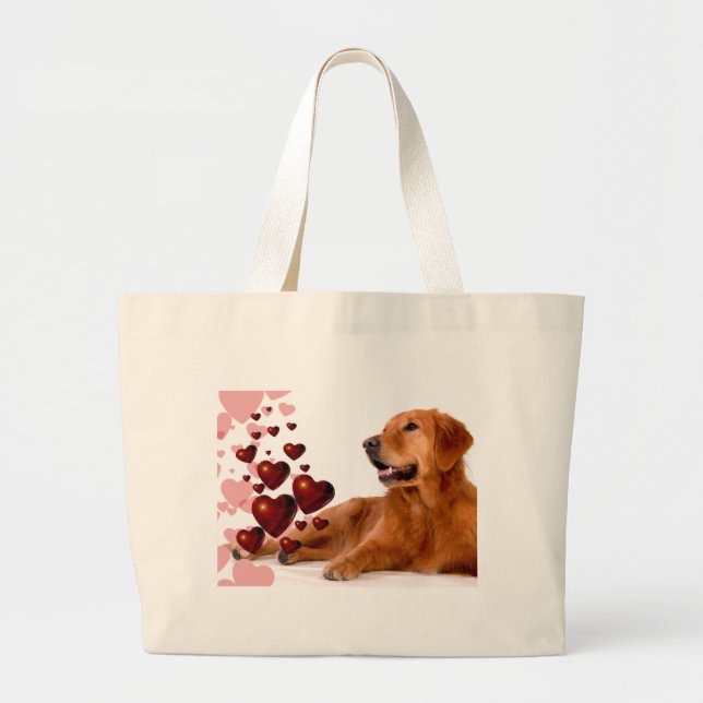 Valentine Red Hearts Golden Retriever Dog Large Tote Bag (Front)