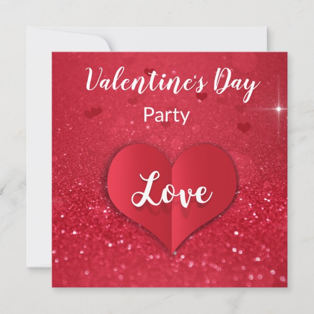 Valentine Red Paper Heart Glitter Party Invitation (Front)