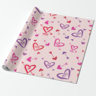 Valentine Red Pink Purple Hearts with Arrows Wrapping Paper