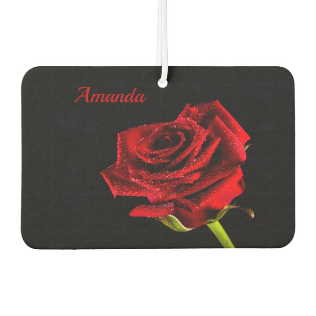 Valentine red rose with water droplets and name car air freshener (Front)