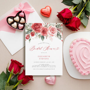 Valentine Red Roses Calligraphy Chic Bridal Shower Invitation