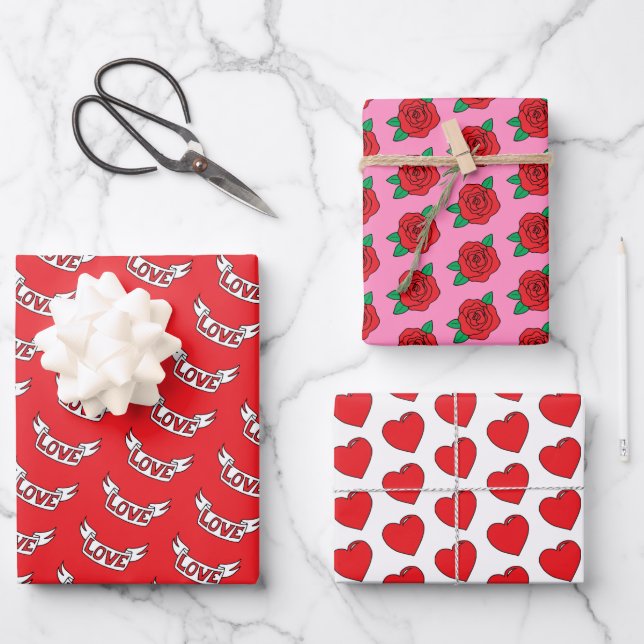 Valentine Red Roses Love and Hearts Wrapping Paper Sheet (Front)