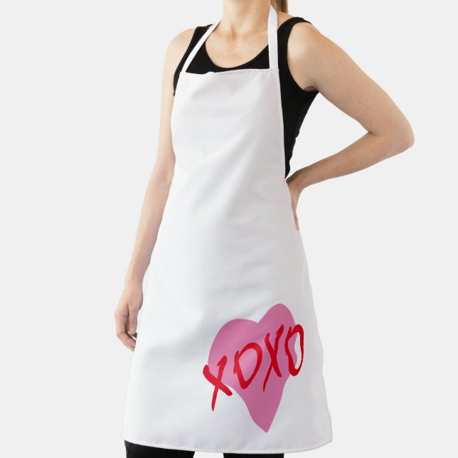 Valentine Red XOXO Pink Heart Bold Modern White Apron (Insitu)