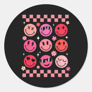 Valentine Retro Groovy Pink Happy Face  Classic Round Sticker