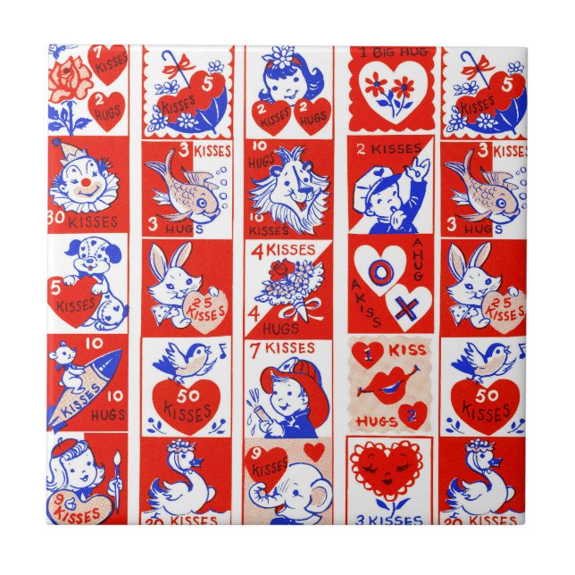 Valentine Retro Love Hugs Cute Pattern Ceramic Tile (Front)