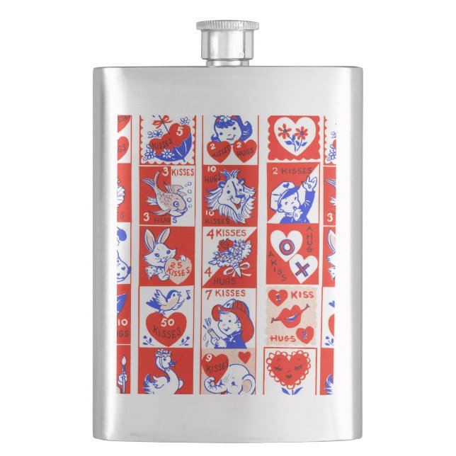 Valentine Retro Love Hugs Cute Pattern Hip Flask (Front)