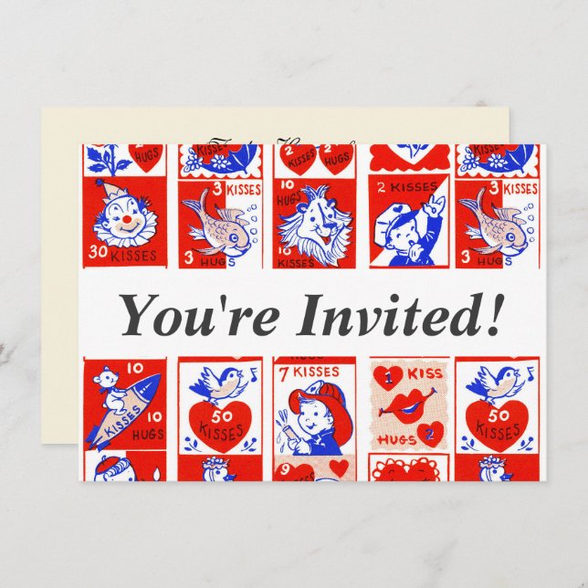 Valentine Retro Love Hugs Cute Pattern Invitation (Front/Back)