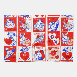 Valentine Retro Love Hugs Cute Pattern Tea Towel