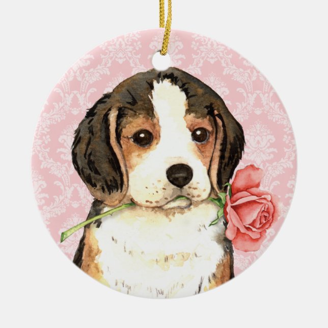 Valentine Rose Beagle Ceramic Tree Decoration (Front)