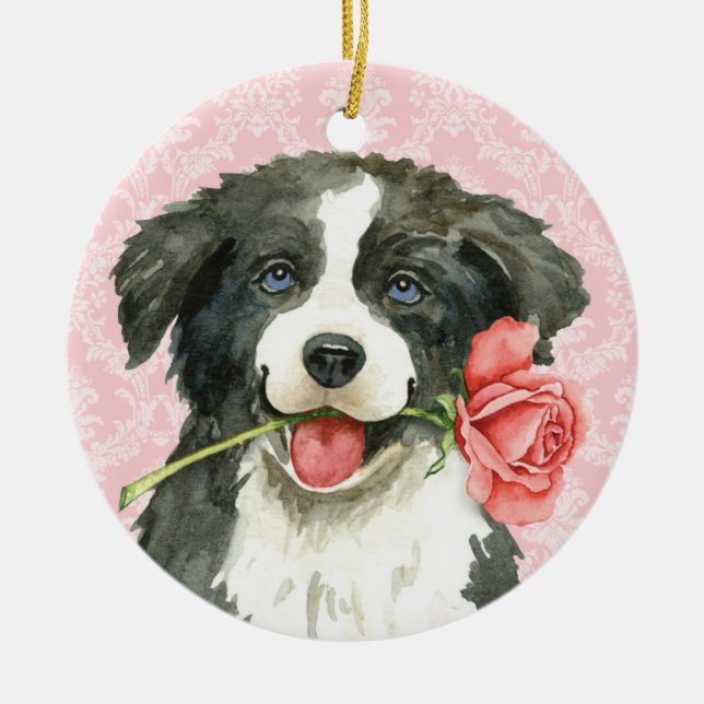 Valentine Rose Border Collie Ceramic Ornament (Front)