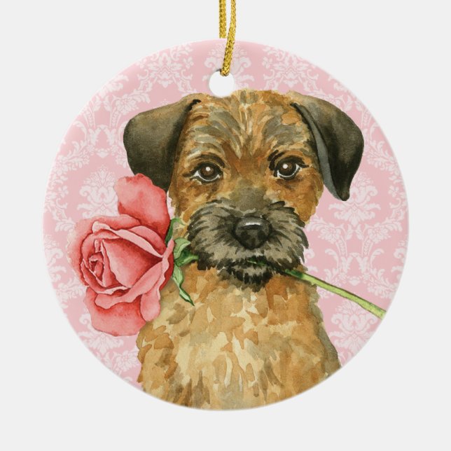 Valentine Rose Border Terrier Ceramic Tree Decoration (Front)