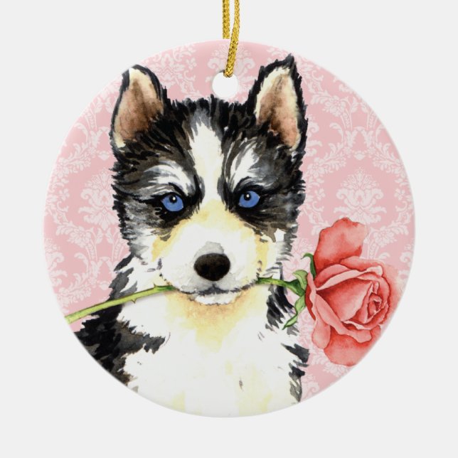 Valentine Rose Husky Ceramic Tree Decoration (Front)