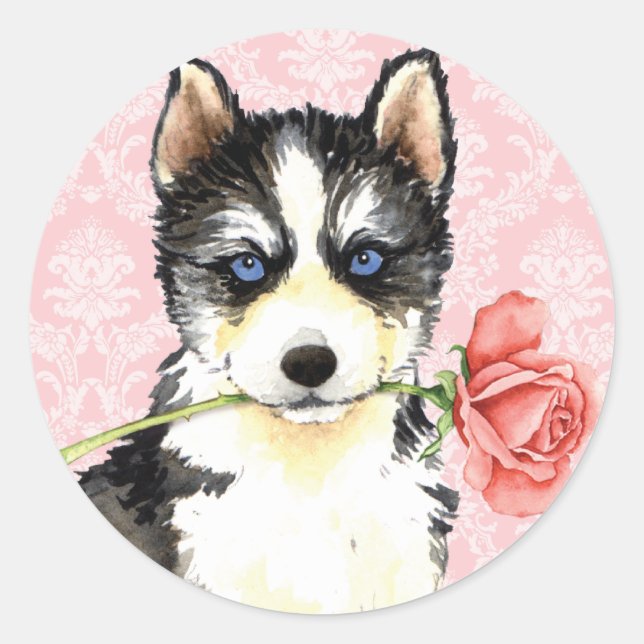 Valentine Rose Husky Classic Round Sticker (Front)
