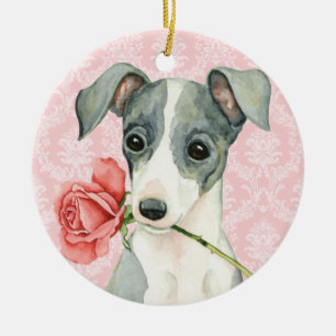 Valentine Rose Italian Greyhound Ceramic Tree Decoration