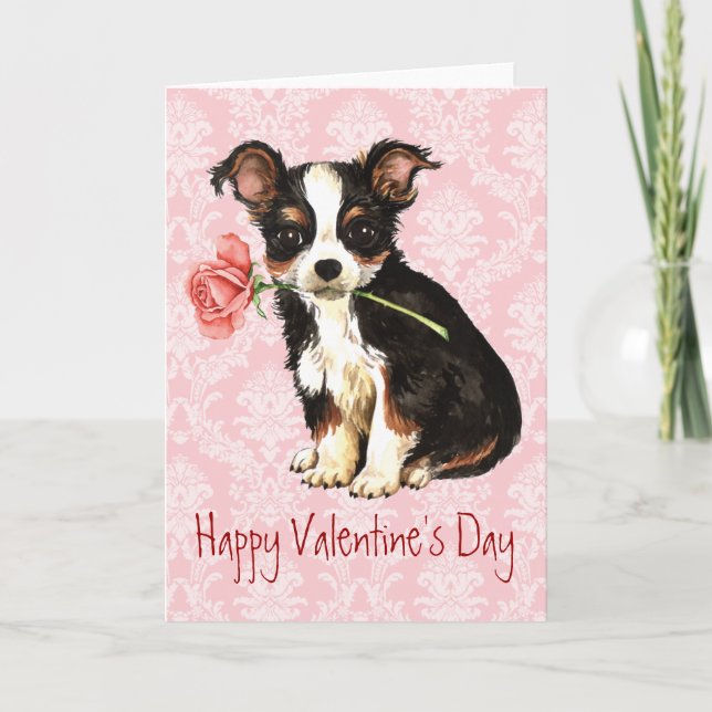 Valentine Rose Long Coat Chihuahua Holiday Card (Front)