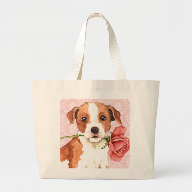 Valentine Rose Parson Russell Terrier Large Tote Bag (Front)
