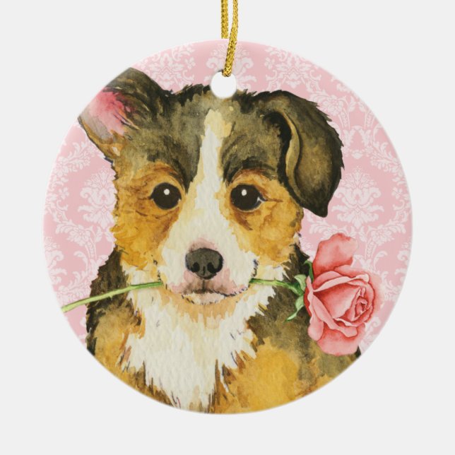 Valentine Rose Pembroke Welsh Corgi Ceramic Ornament (Front)