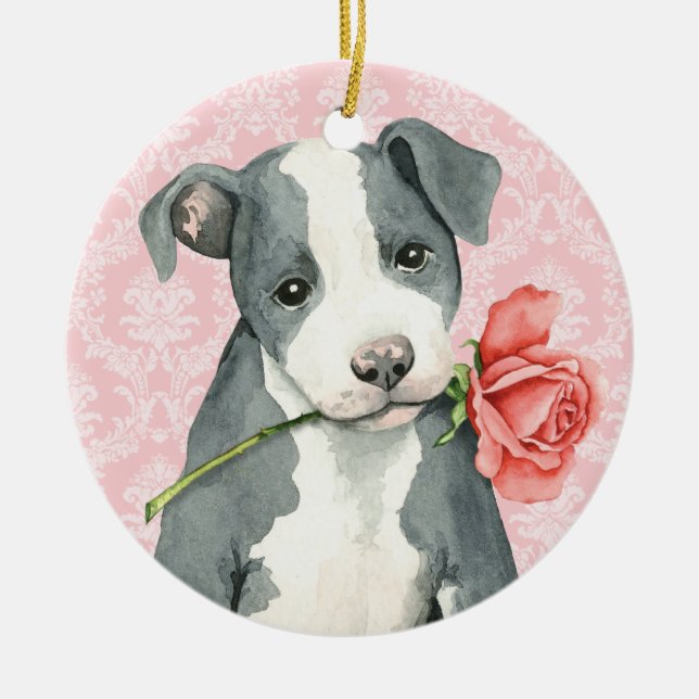 Valentine Rose Pit Bull Ceramic Ornament (Front)