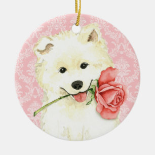 Valentine Rose Samoyed Ceramic Ornament