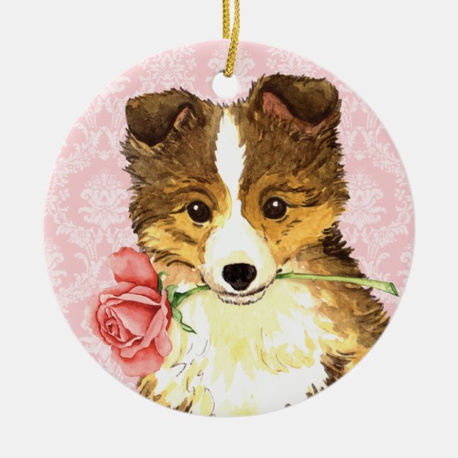 Valentine Rose Sheltie Ceramic Tree Decoration (Front)