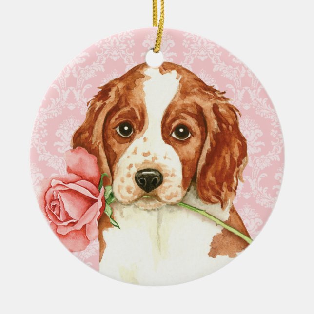 Valentine Rose Welshie Ceramic Ornament (Front)