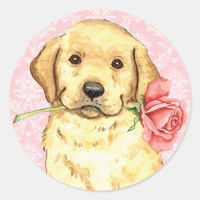 Valentine Rose Yellow Lab Classic Round Sticker (Front)