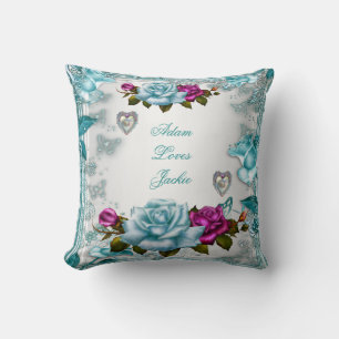 Valentine Roses White Blue Teal Pink Floral Cushion