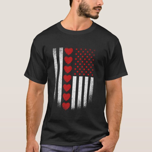 Valentine s Day American Flag Red Hearts US Patrio T-Shirt (Front)