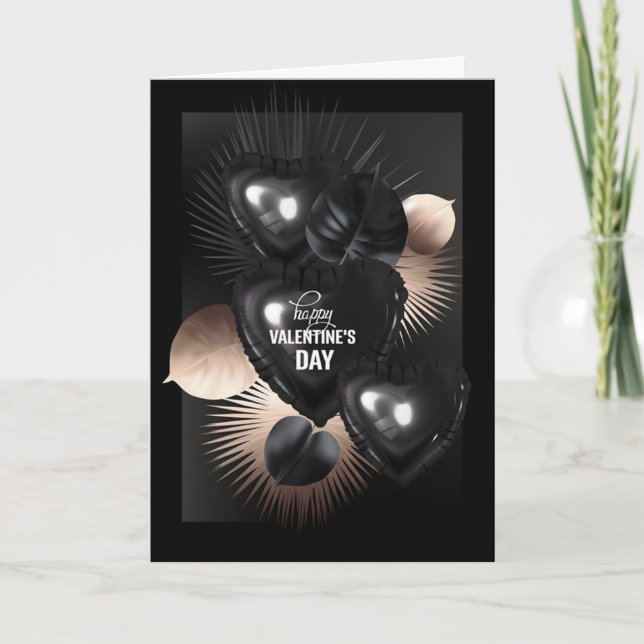 Valentine’s Day Black and Rose Gold Heart, Leaves Card (Front)